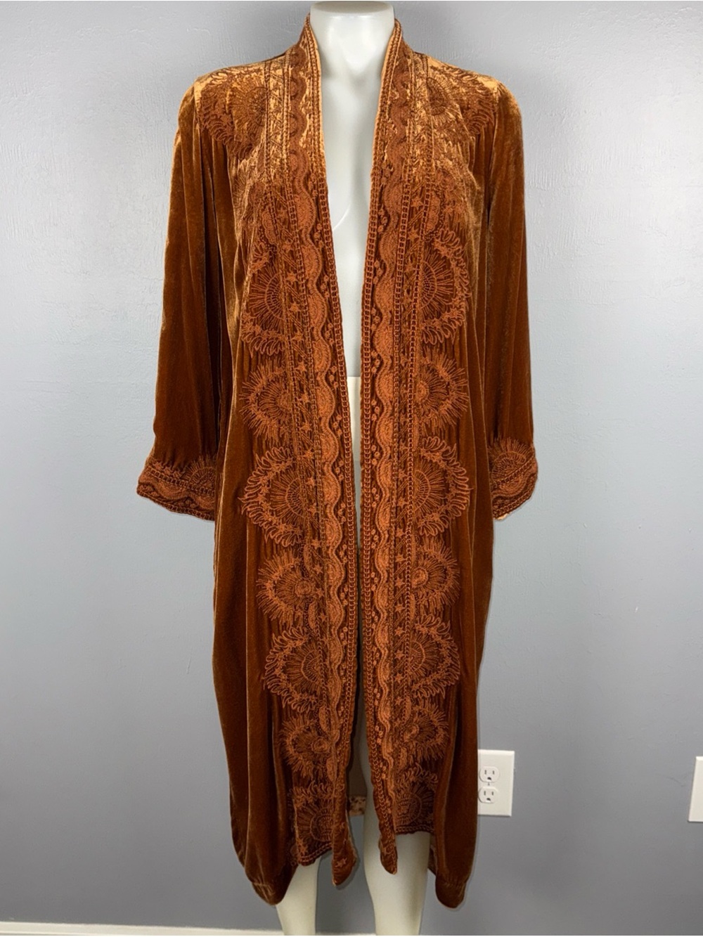 Johnny Was Velvet Kimono Coat Duster Small Burnt Orange Boho Embroidered *READ